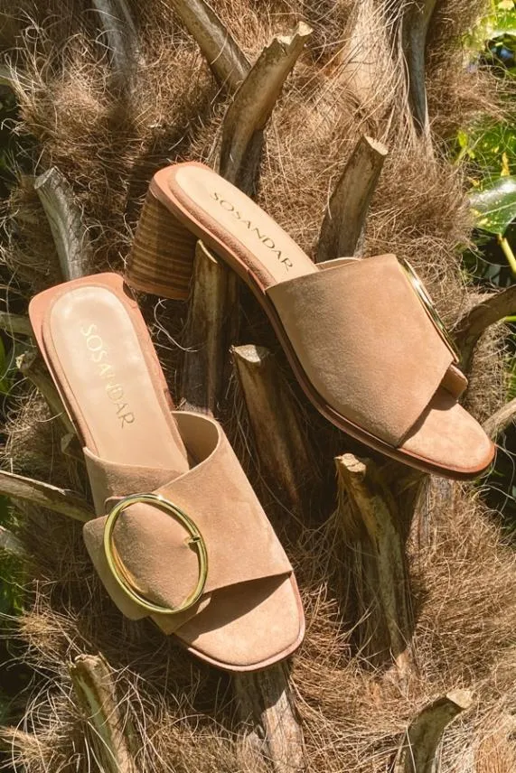 Sosandar Maddison Taupe Suede Mule Sandal With Gold Buckle Detail Women Sandals and Flip Flops Sosandar Maddison Taupe Suede Mule Sandal With Gold Buckle Detail Women Sandals and Flip Flops
