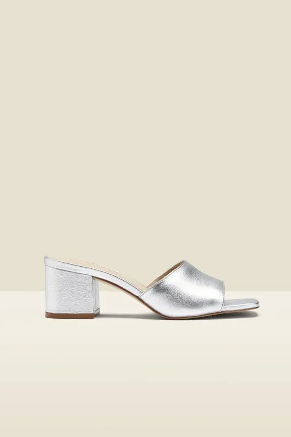 Sosandar Marley Silver Leather Square Toe Mule Sandal Silver Women Sandals and Flip Flops