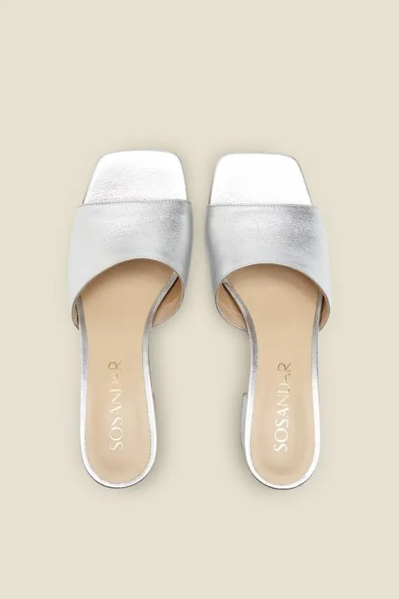 Sosandar Marley Silver Leather Square Toe Mule Sandal Silver Women Sandals and Flip Flops