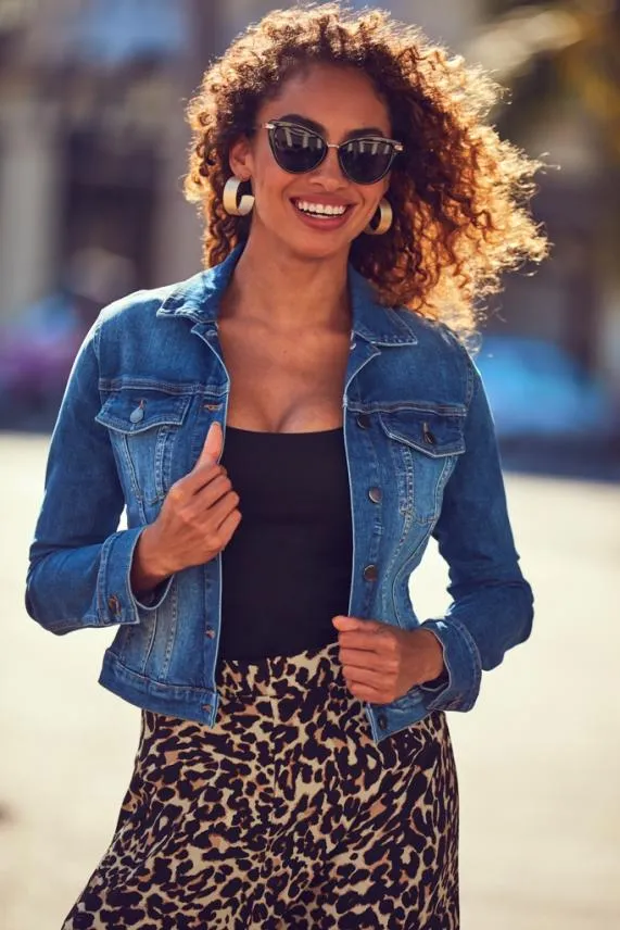 Sosandar Mid Blue Denim Jacket Mid Blue Women Jackets and Coats