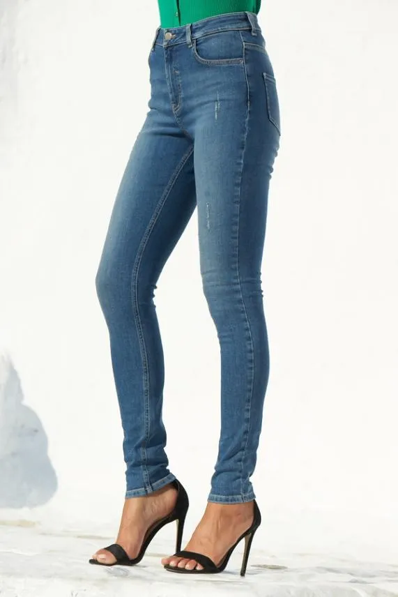 Sosandar Mid Blue Distressed Skinny Jeans Mid Blue Women Jeans and Jeggings