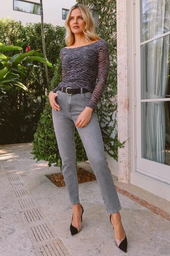 Sosandar Mid Grey Slim Leg Mom Jeans Grey Women Jeans and Jeggings