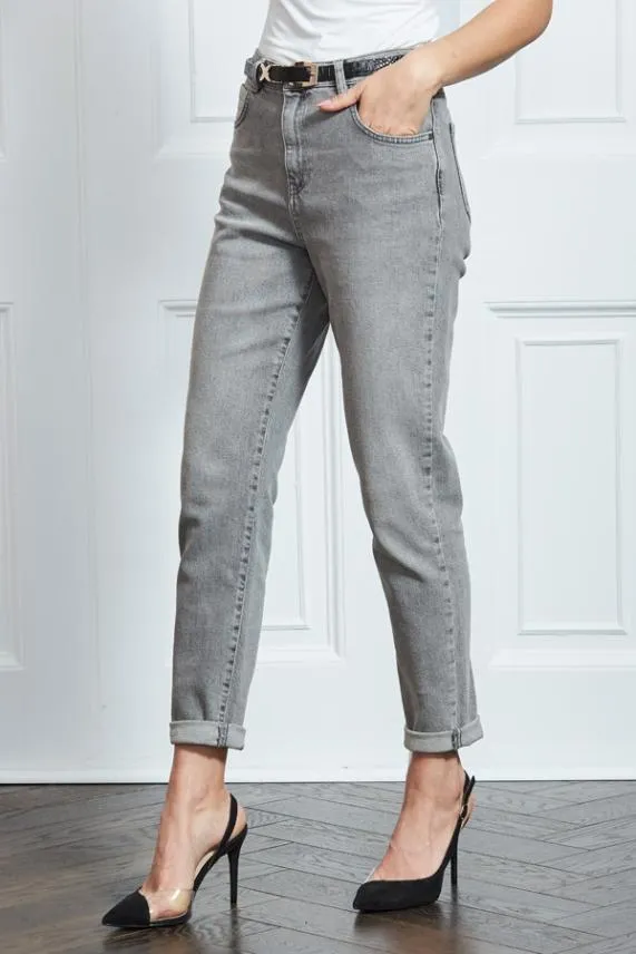 Sosandar Mid Grey Slim Leg Mom Jeans Grey Women Jeans and Jeggings