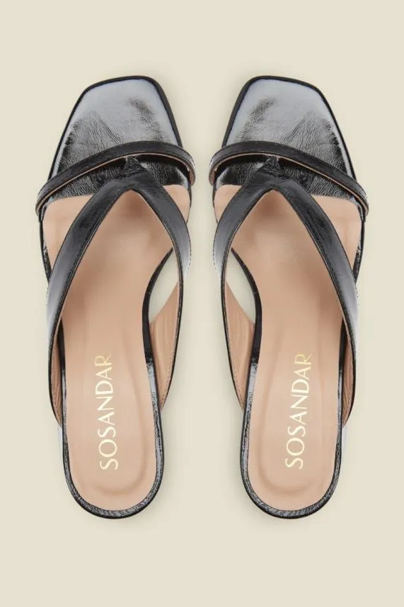 Sosandar Milan Black Patent Leather Mid Heel Sandal Black Women Sandals and Flip Flops