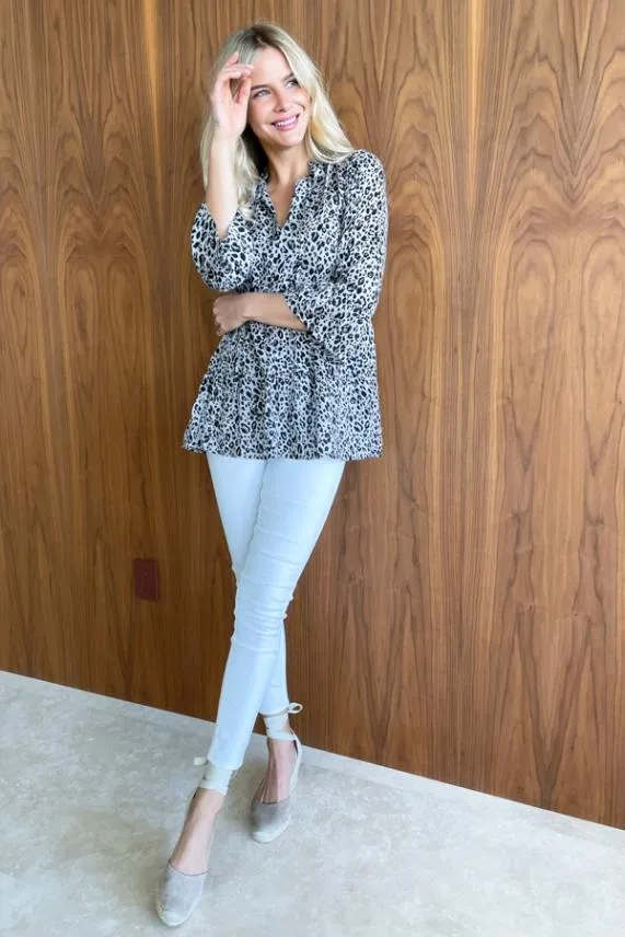 Sosandar Natural Animal Print Fluted Sleeve Comfort Fit Top Women Tops