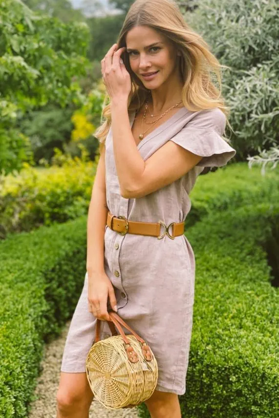 Sosandar Natural Linen Button Front Ruffle Sleeve Dress Women Dresses