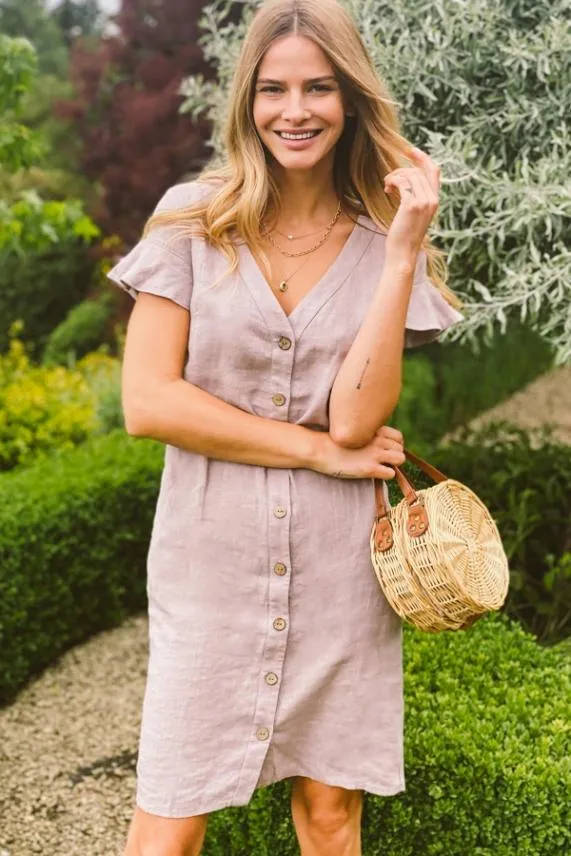 Sosandar Natural Linen Button Front Ruffle Sleeve Dress Women Dresses
