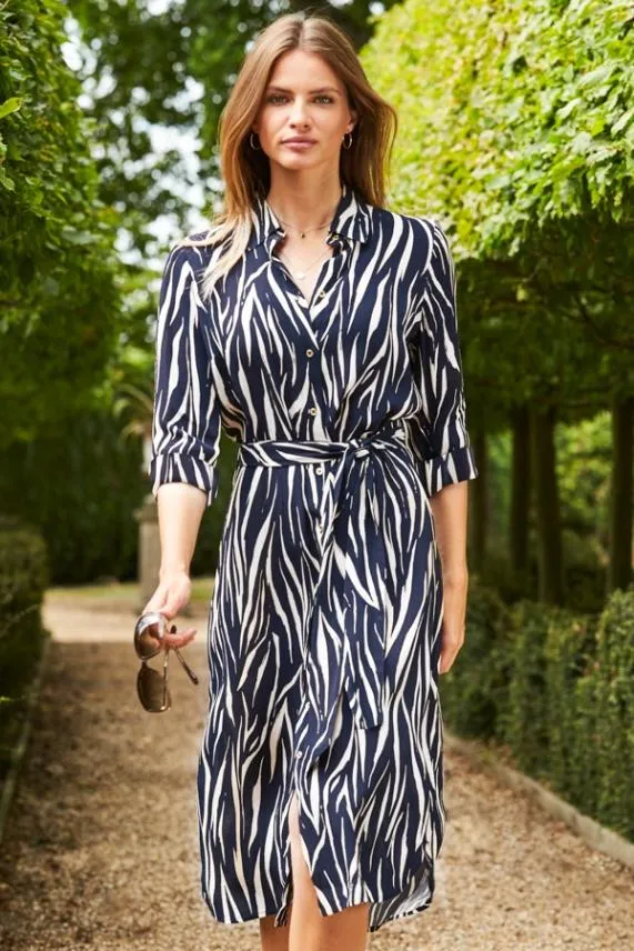 Sosandar Navy and White Chic Print Belted Midi Shirt Dress Navy White Women Dresses Sosandar Navy and White Chic Print Belted Midi Shirt Dress Navy White Women Dresses