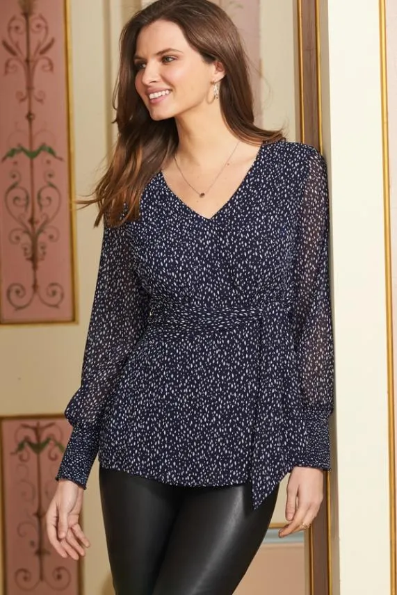 Sosandar Navy and White Printed Tie Front Tunic Top Navy White Women Tops