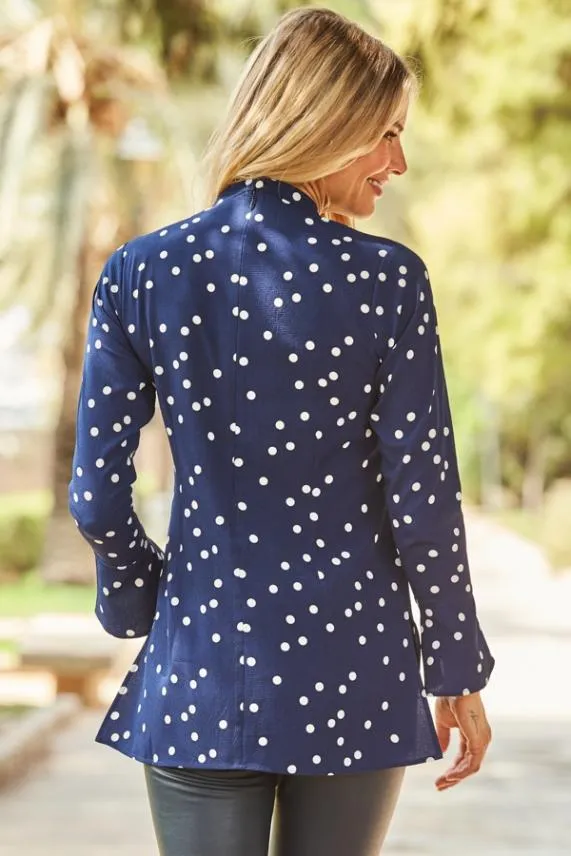 Sosandar Navy and White Spot Print Keyhole Detail Fluted Cuff Top Navy White Women Tops