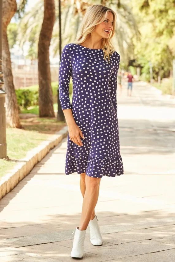 Sosandar Navy and White Spot Print Ruched Sleeve Shift Dress Navy White Women Dresses