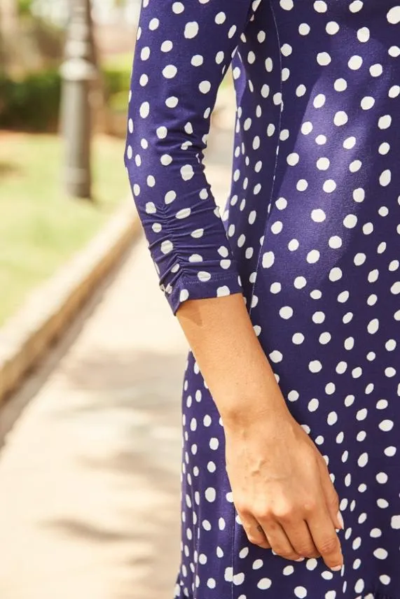 Sosandar Navy and White Spot Print Ruched Sleeve Shift Dress Navy White Women Dresses