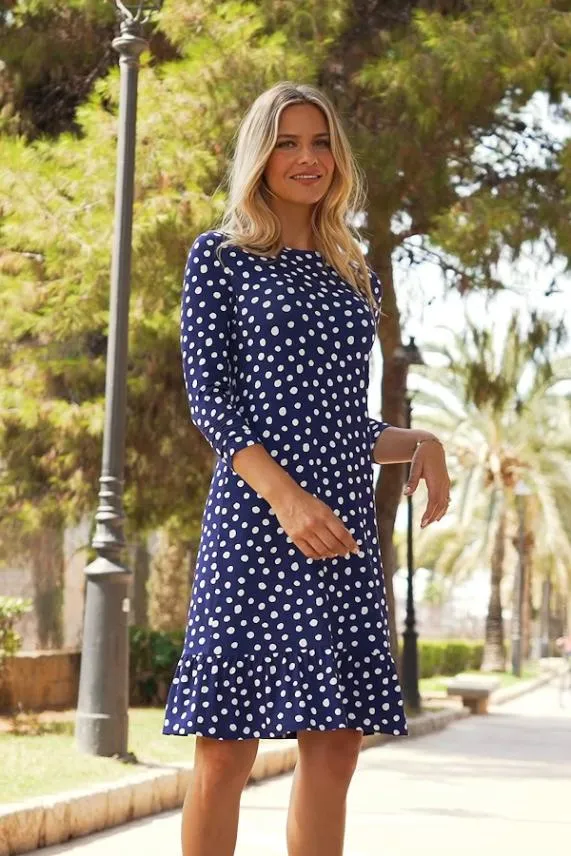 Sosandar Navy and White Spot Print Ruched Sleeve Shift Dress Navy White Women Dresses
