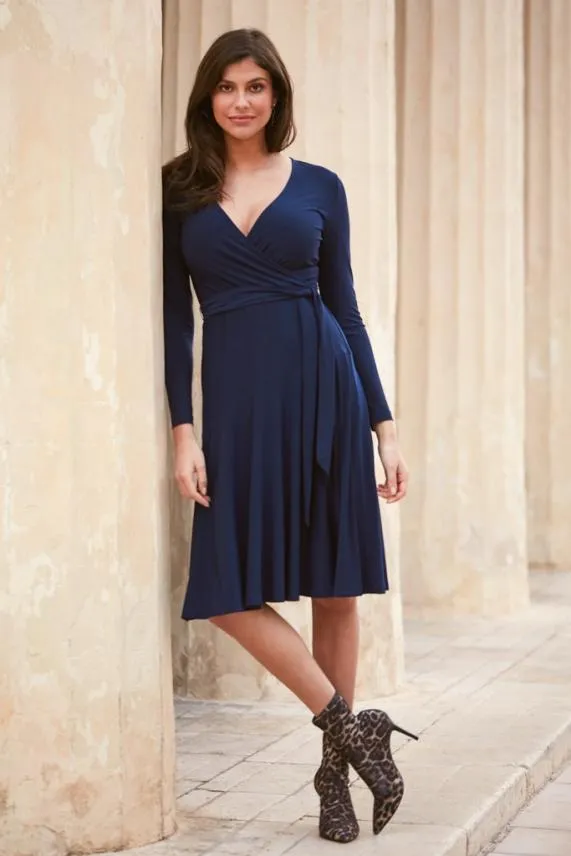 Sosandar Navy Blue Faux Wrap Front Belted Midi Dress Navy Blue Women Dresses
