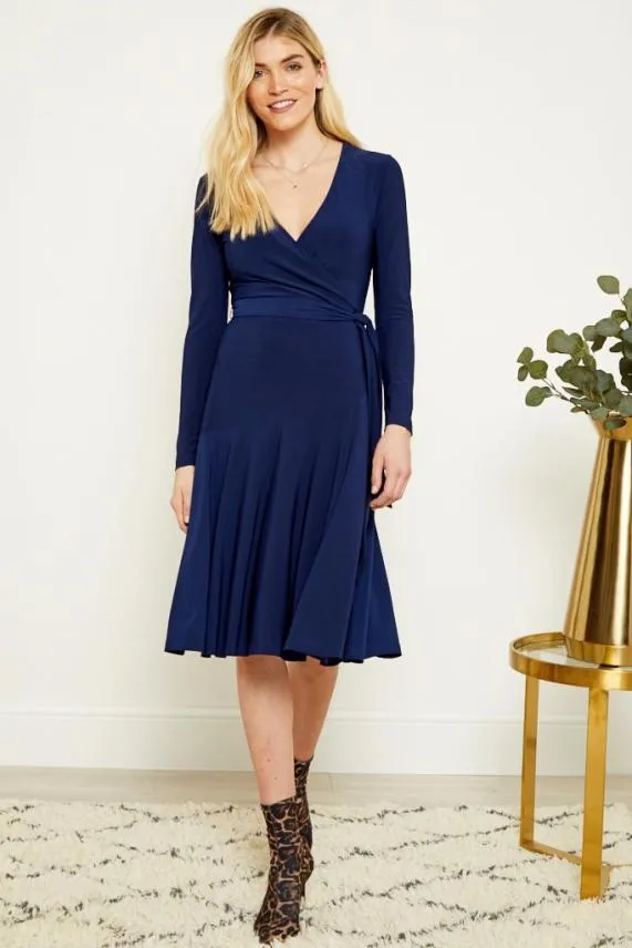 Sosandar Navy Blue Faux Wrap Front Belted Midi Dress Navy Blue Women Dresses