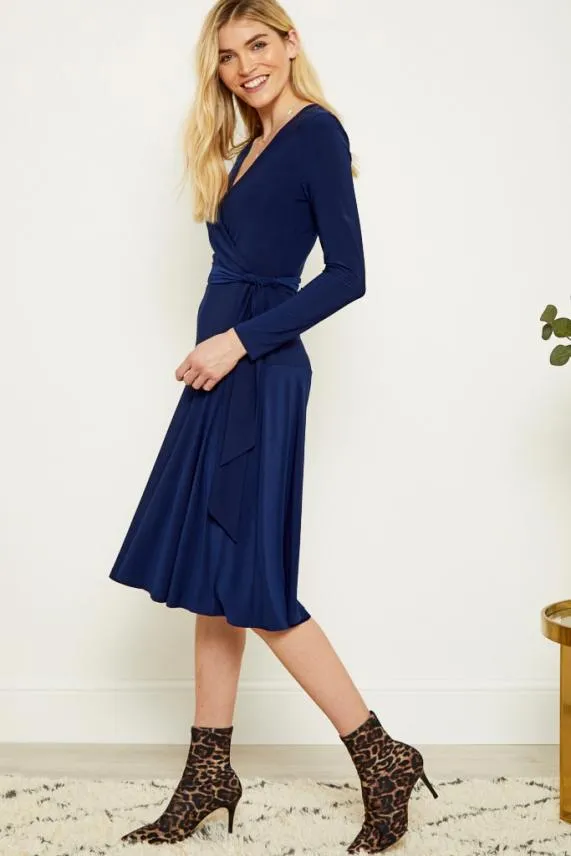 Sosandar Navy Blue Faux Wrap Front Belted Midi Dress Navy Blue Women Dresses