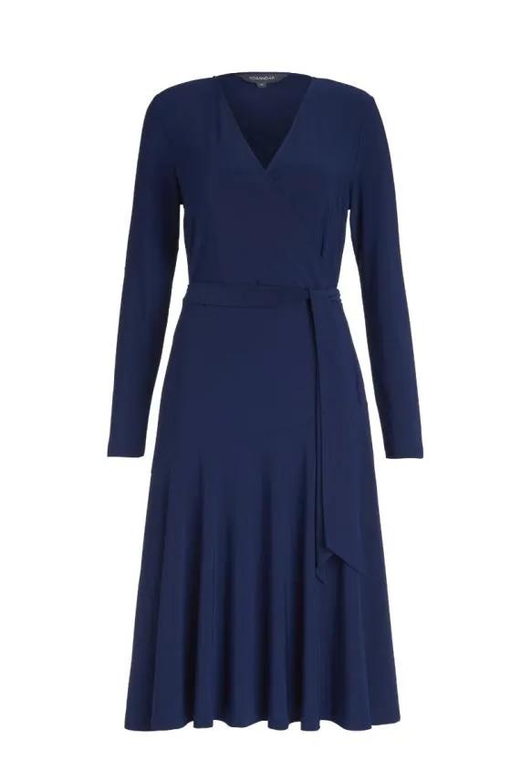 Sosandar Navy Blue Faux Wrap Front Belted Midi Dress Navy Blue Women Dresses
