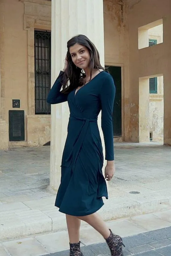 Sosandar Navy Blue Faux Wrap Front Belted Midi Dress Navy Blue Women Dresses