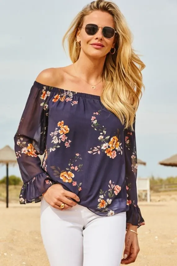 Sosandar Navy Blue Floral Print Sheer Sleeve Bardot Top Navy Blue Women Tops