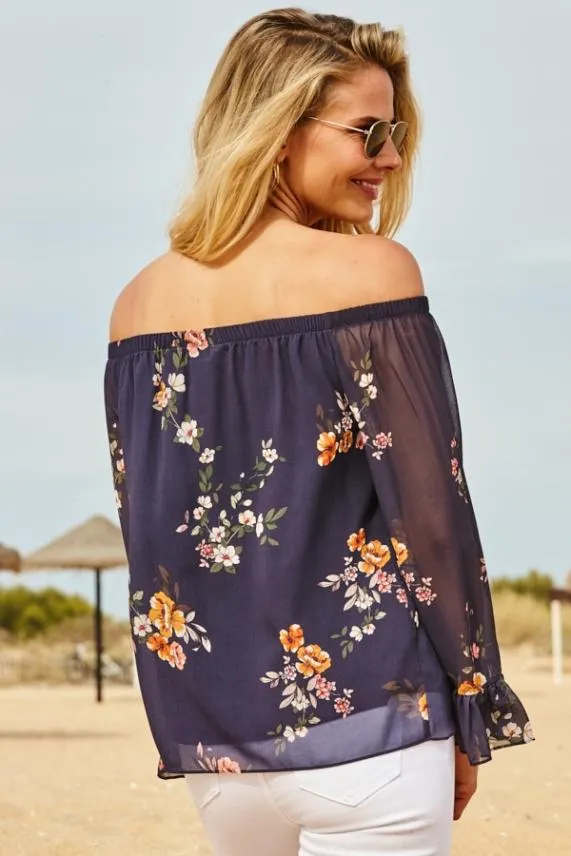 Sosandar Navy Blue Floral Print Sheer Sleeve Bardot Top Navy Blue Women Tops