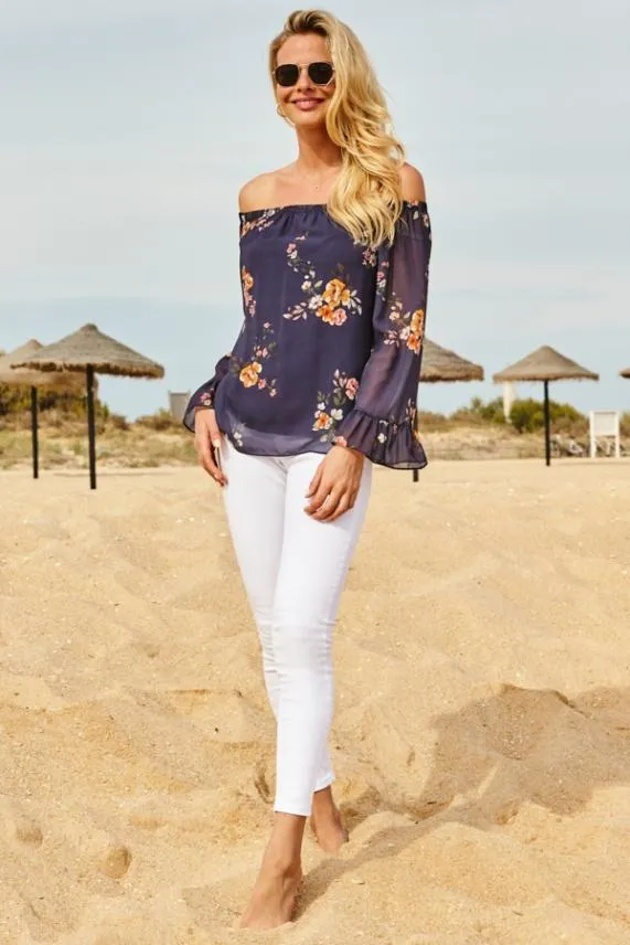 Sosandar Navy Blue Floral Print Sheer Sleeve Bardot Top Navy Blue Women Tops