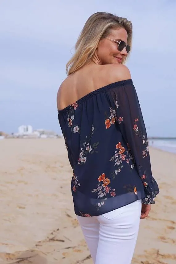 Sosandar Navy Blue Floral Print Sheer Sleeve Bardot Top Navy Blue Women Tops