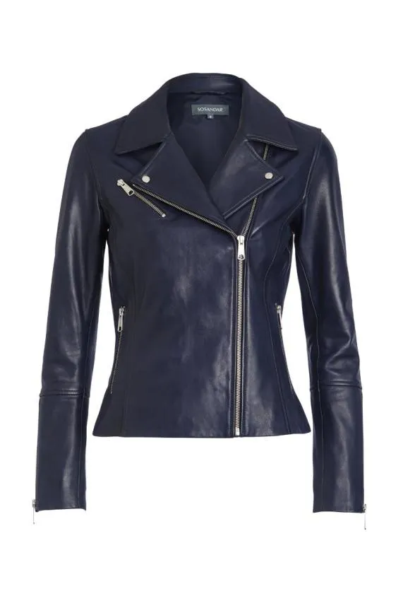 Sosandar Navy Blue Leather Biker Jacket Navy Blue Women Jackets and Coats