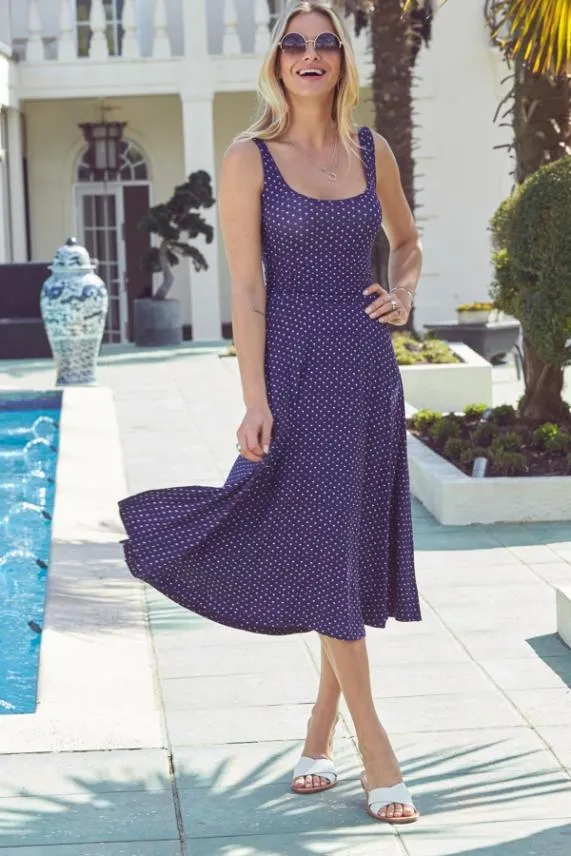 Sosandar Navy Blue Mini Palm Print Open Back Fit and Flare Dress Navy Blue Women Dresses Sosandar Navy Blue Mini Palm Print Open Back Fit and Flare Dress Navy Blue Women Dresses