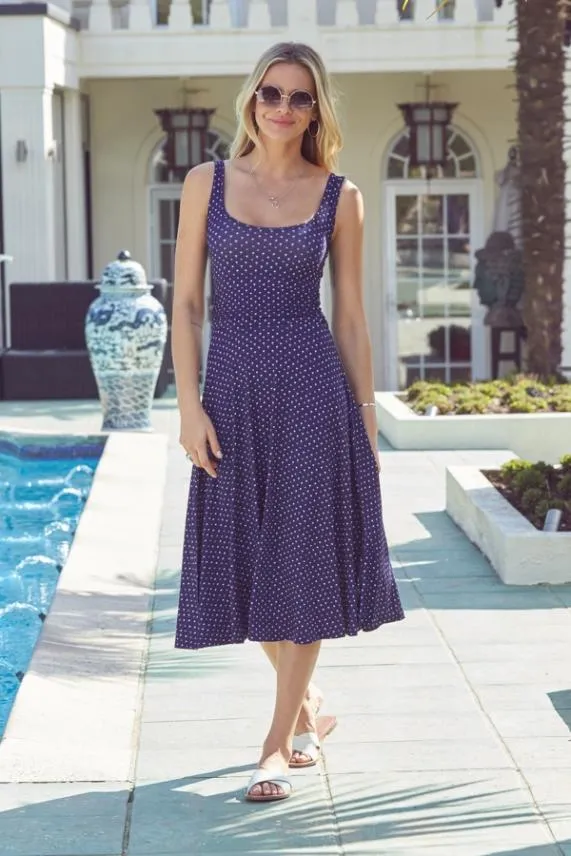 Sosandar Navy Blue Mini Palm Print Open Back Fit and Flare Dress Navy Blue Women Dresses