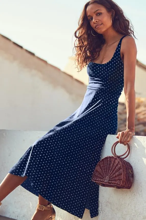 Sosandar Navy Blue Mini Palm Print Open Back Fit and Flare Dress Navy Blue Women Dresses