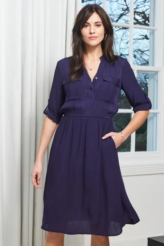 Sosandar Navy Blue Stretch Waist Pocket Detail Fit and Flare Dress Navy Blue Women Dresses