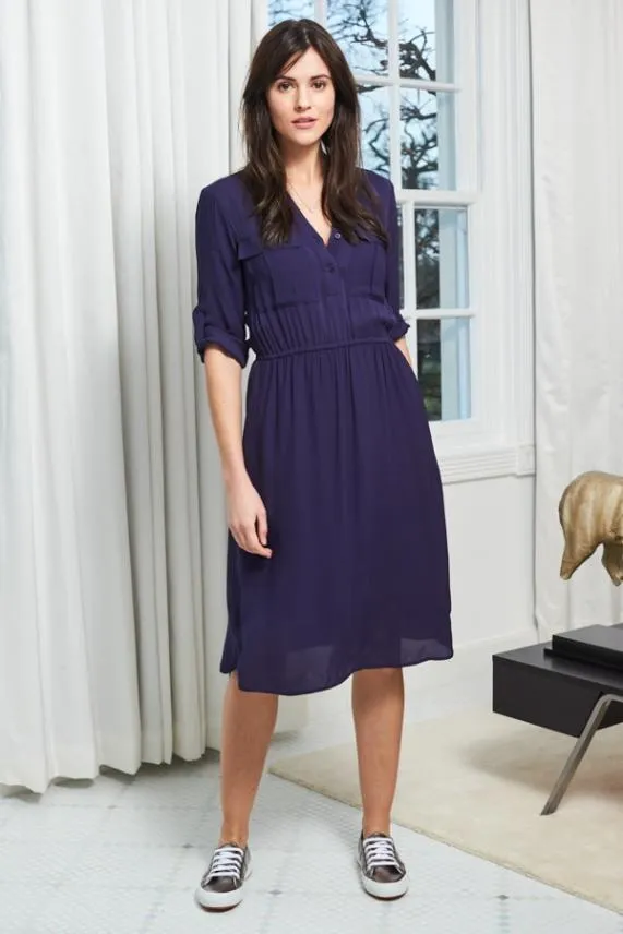 Sosandar Navy Blue Stretch Waist Pocket Detail Fit and Flare Dress Navy Blue Women Dresses