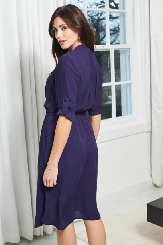 Sosandar Navy Blue Stretch Waist Pocket Detail Fit and Flare Dress Navy Blue Women Dresses