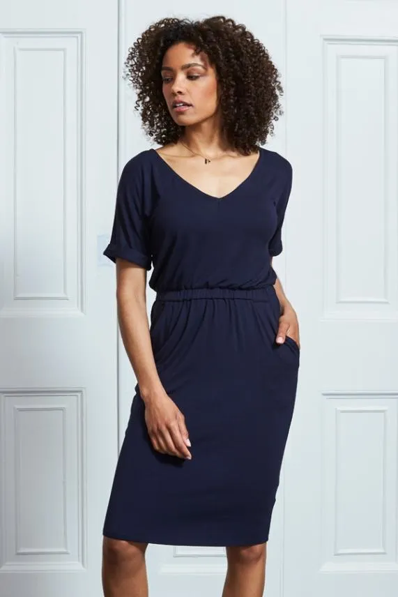Sosandar Navy Blue Super Soft Premium V Neck T Shirt Dress Navy Blue Women Dresses Sosandar Navy Blue Super Soft Premium V Neck T Shirt Dress Navy Blue Women Dresses
