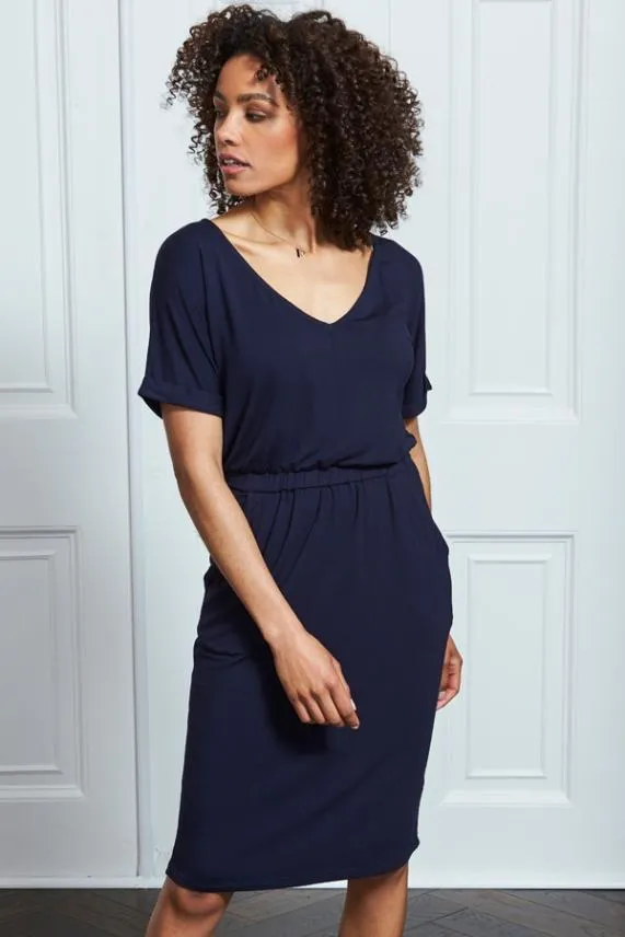 Sosandar Navy Blue Super Soft Premium V Neck T Shirt Dress Navy Blue Women Dresses