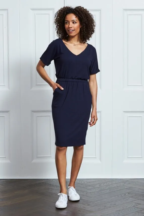 Sosandar Navy Blue Super Soft Premium V Neck T Shirt Dress Navy Blue Women Dresses