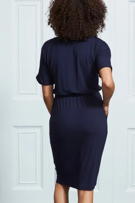 Sosandar Navy Blue Super Soft Premium V Neck T Shirt Dress Navy Blue Women Dresses