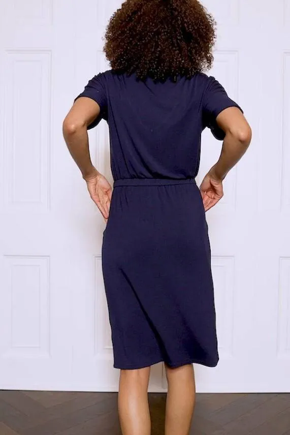 Sosandar Navy Blue Super Soft Premium V Neck T Shirt Dress Navy Blue Women Dresses