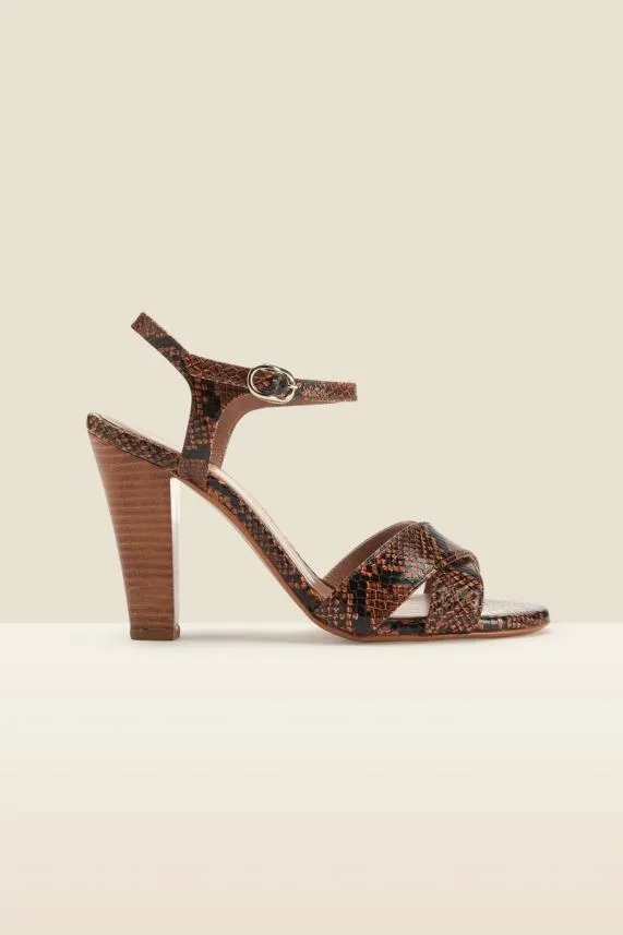 Sosandar Nevada Tan Snake Leather Cross Strap Heel Sandal Women Sandals and Flip Flops