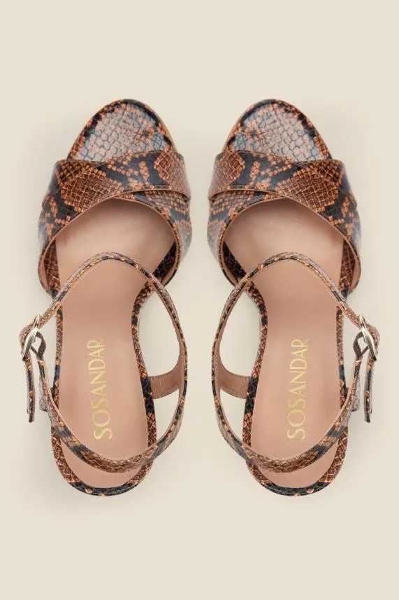 Sosandar Nevada Tan Snake Leather Cross Strap Heel Sandal Women Sandals and Flip Flops