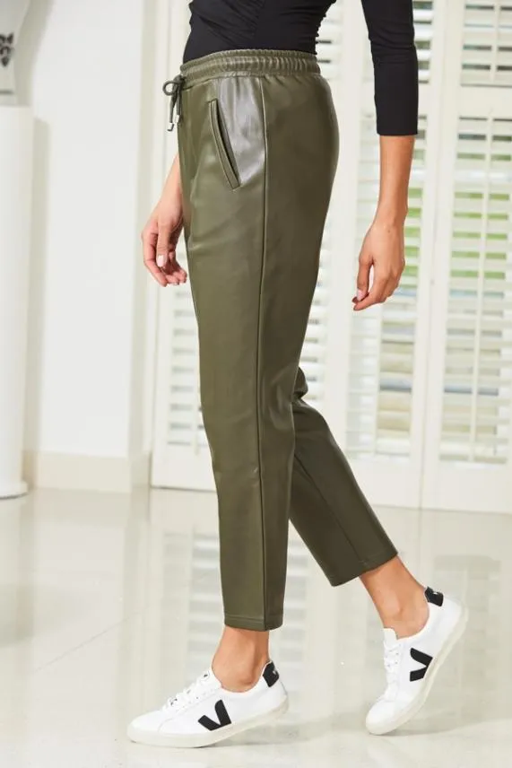 Sosandar Olive Green Leather Look Straight Leg Joggers Green Women Trousers and Leggings