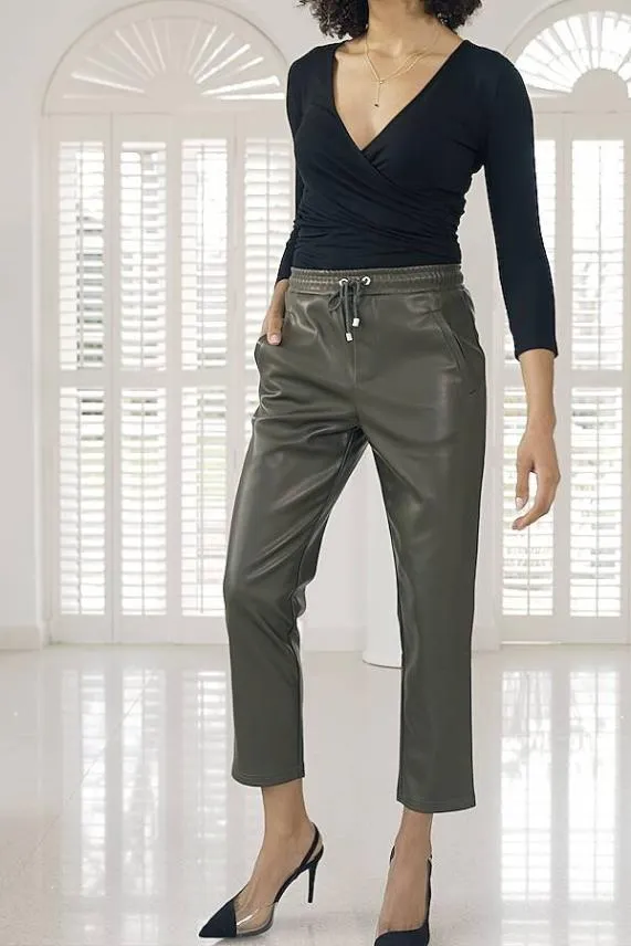 Sosandar Olive Green Leather Look Straight Leg Joggers Green Women Trousers and Leggings