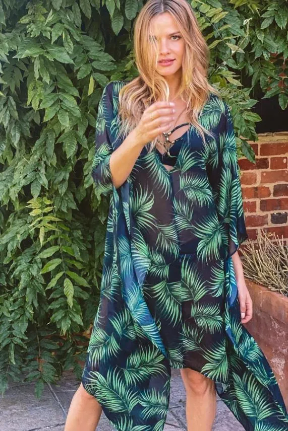 Sosandar Palm Print FigureFlattering Midi Kaftan Women Swim and Beachwear