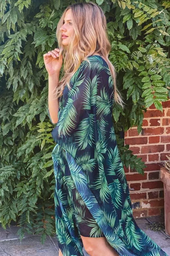 Sosandar Palm Print FigureFlattering Midi Kaftan Women Swim and Beachwear