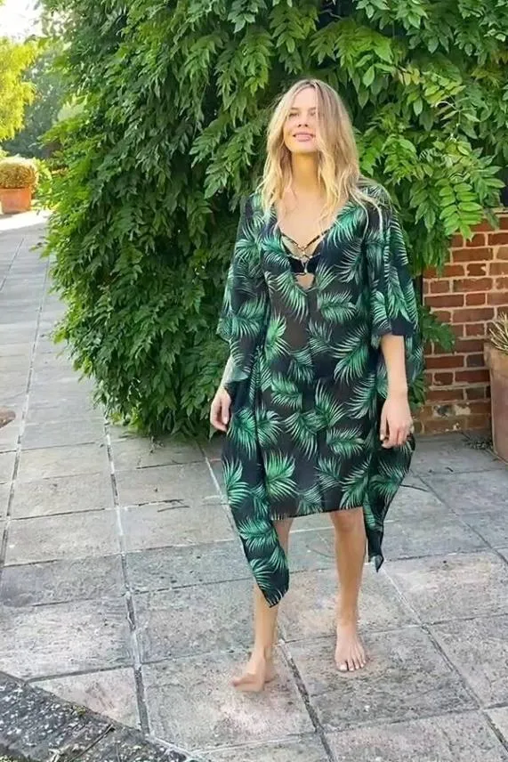 Sosandar Palm Print FigureFlattering Midi Kaftan Women Swim and Beachwear