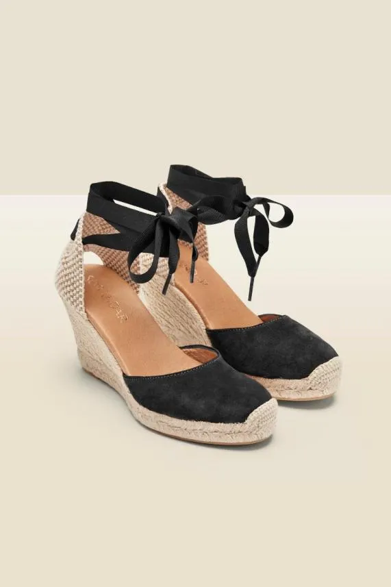 Sosandar Perla Black Suede Valenciana Wedge Espadrille Black Women Sandals and Flip Flops