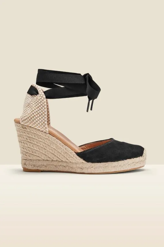 Sosandar Perla Black Suede Valenciana Wedge Espadrille Black Women Sandals and Flip Flops