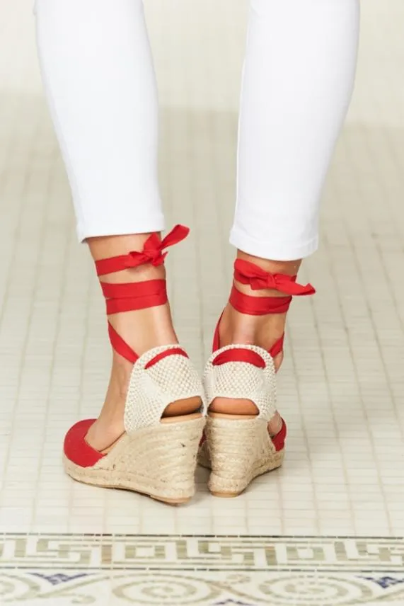 Sosandar Perla Red Canvas Valenciana Wedge Espadrille Women Sandals and Flip Flops