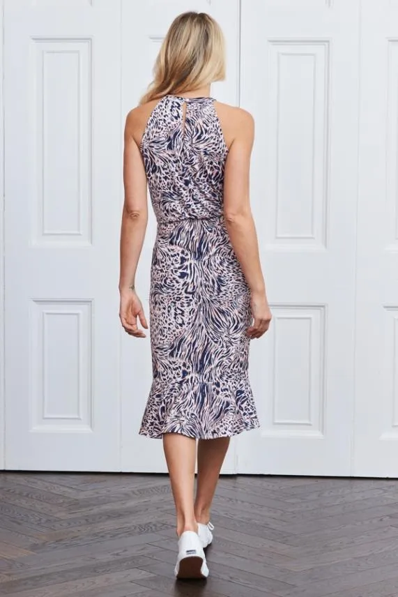 Sosandar Pink and Navy Abstract Print Stretch Waist Midi Dress Pink Navy Women Dresses