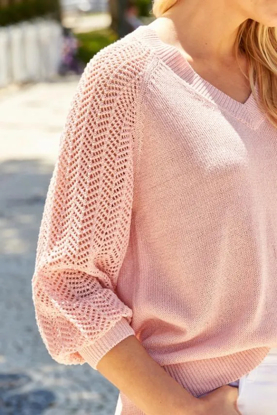 Sosandar Pink Pointelle Sleeve V Neck Jumper Women Knitwear